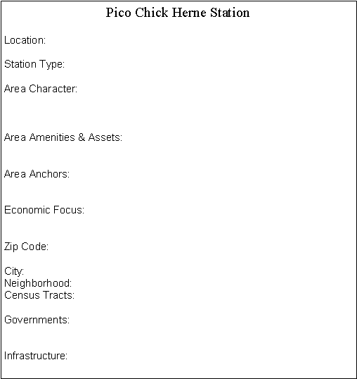 Text Box: Pico Chick Herne Station Location:Station Type:Area Character:Area Amenities & Assets:Area Anchors:Economic Focus:Zip Code:City:Neighborhood:Census Tracts:Governments:Infrastructure: