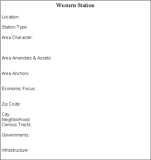 Text Box: Western Station Location:Station Type:Area Character:Area Amenities & Assets:Area Anchors:Economic Focus:Zip Code:City:Neighborhood:Census Tracts:Governments:Infrastructure: